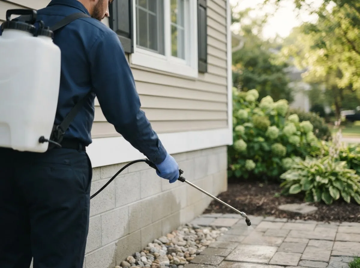 Pest control technician inspecting a home in Tilden, NE
